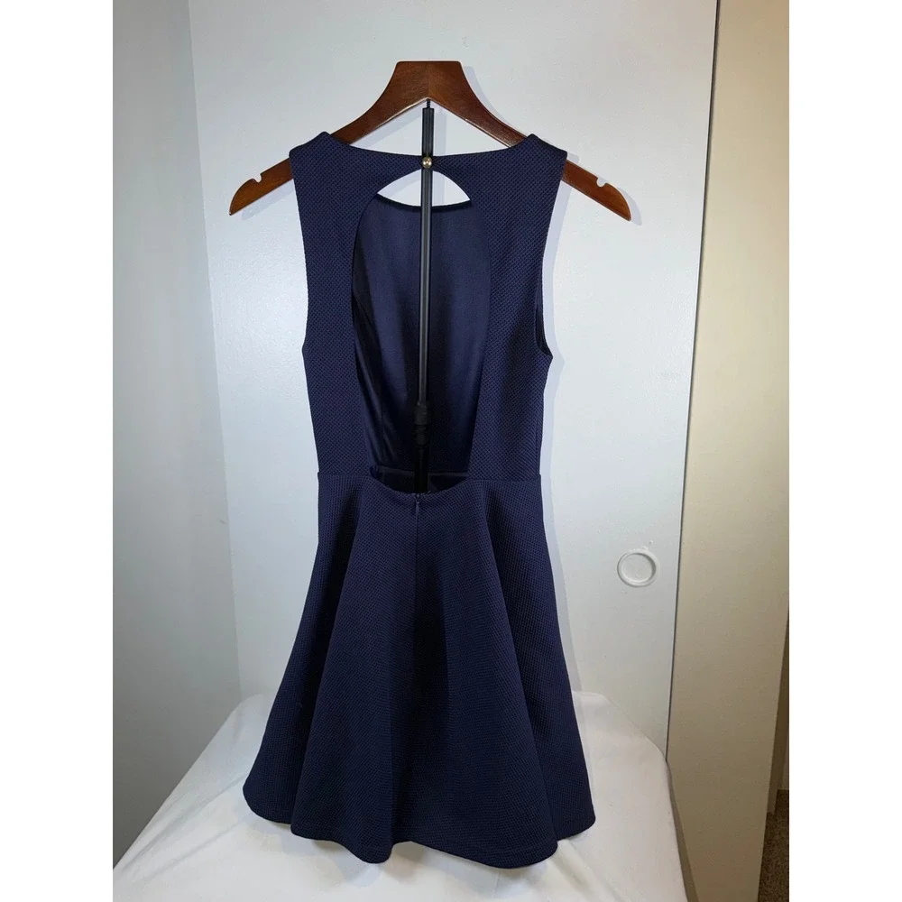 Lulus Skater Dress Women Small Navy Blue Open Back‎ Textured Fit and Flare Mini